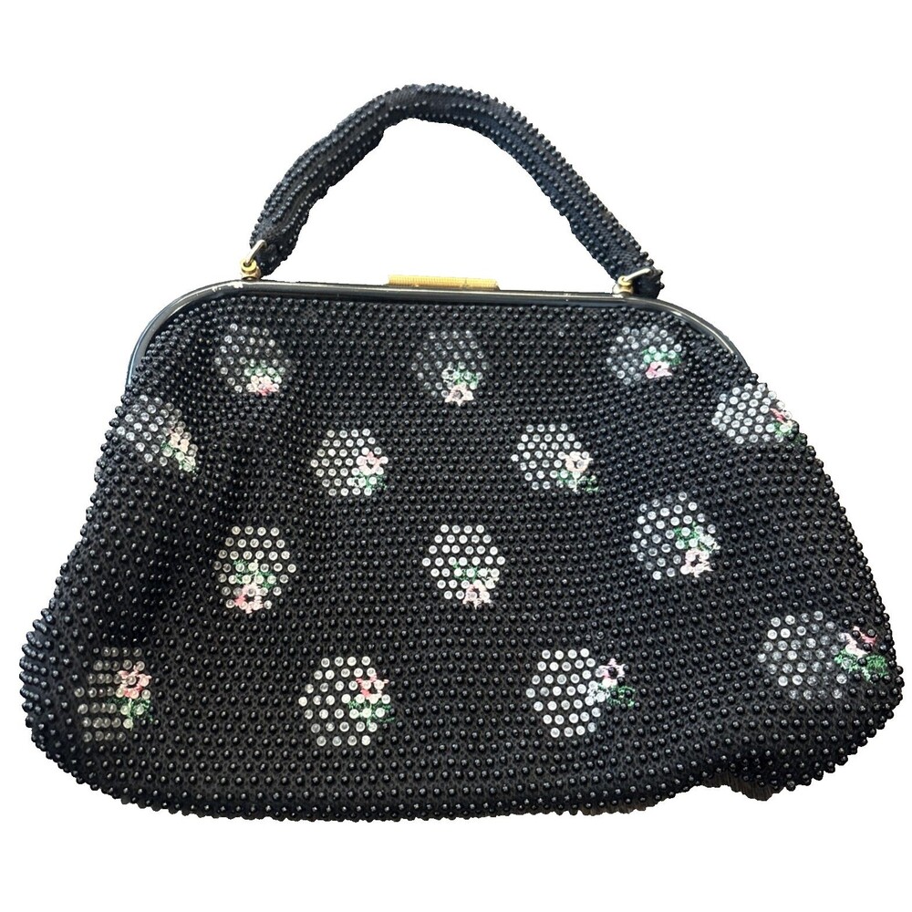 Vintage Reversible Beaded Handbag Black Pink Green Beads Gold Tone Accents MCM